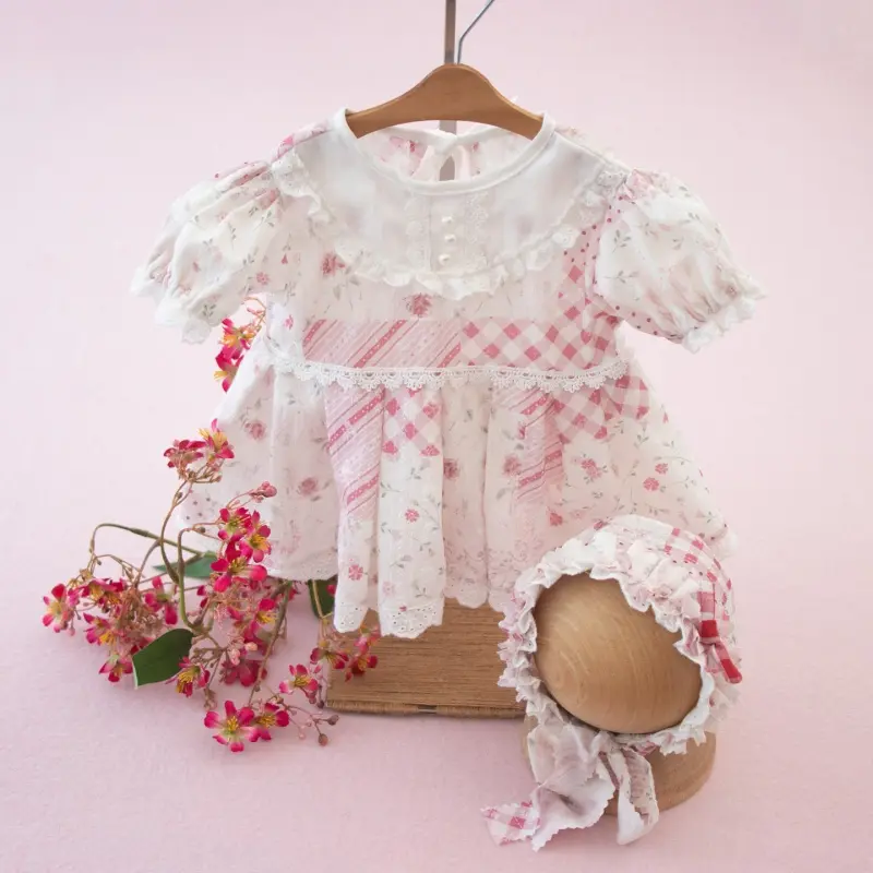 Baby Girl Summer Floral Print Dress Hat Set - Photography Props - Image 3
